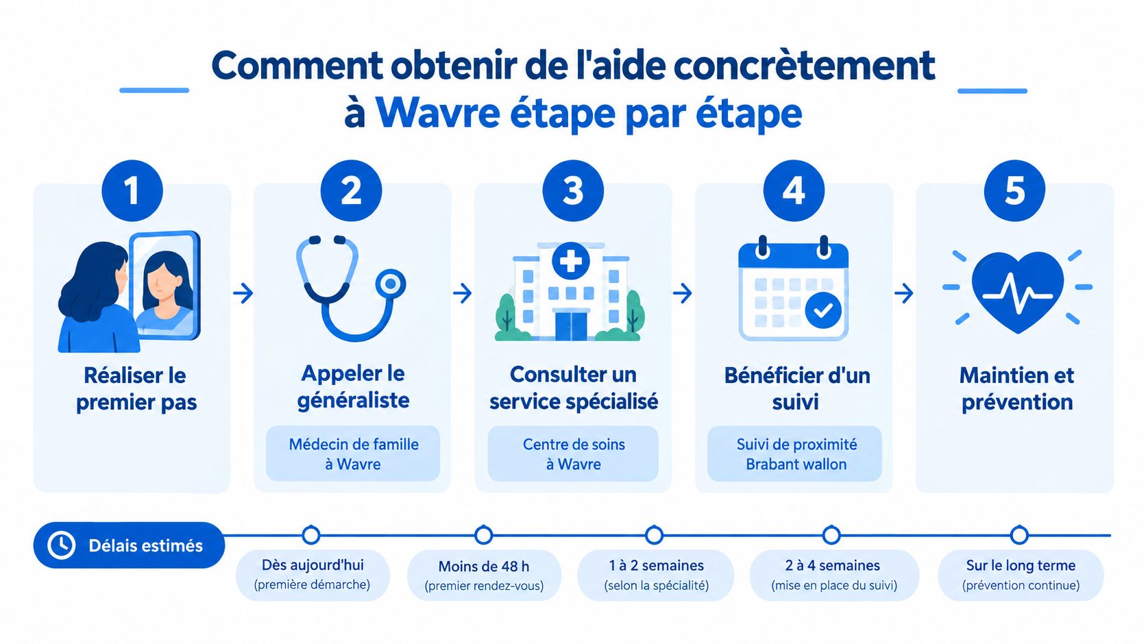 Infographie illustrant les cinq étapes pour obtenir de l'aide en cas d'addiction à Wavre, Belgique.