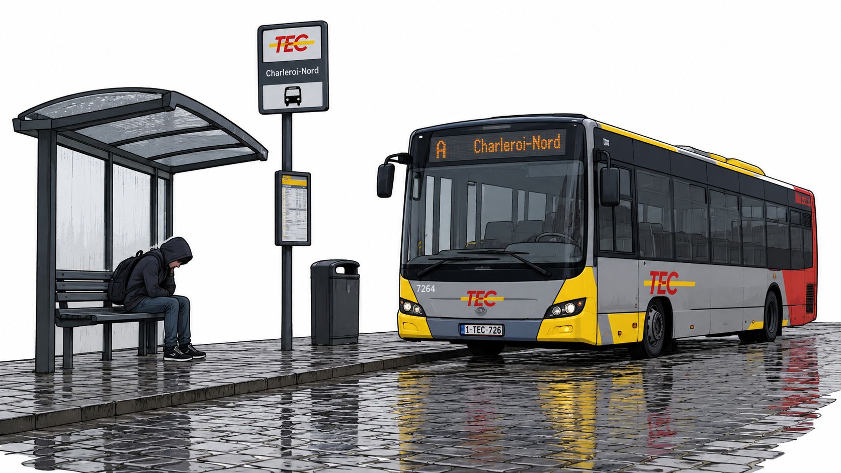 Une personne seule assise sur un banc d'arrêt de bus TEC sous la pluie à Charleroi-Nord.