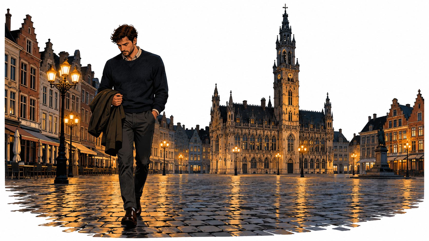 Un homme marchant avec mélancolie sur la Grand-Place pavée de Mons avec son hôtel de ville illuminé