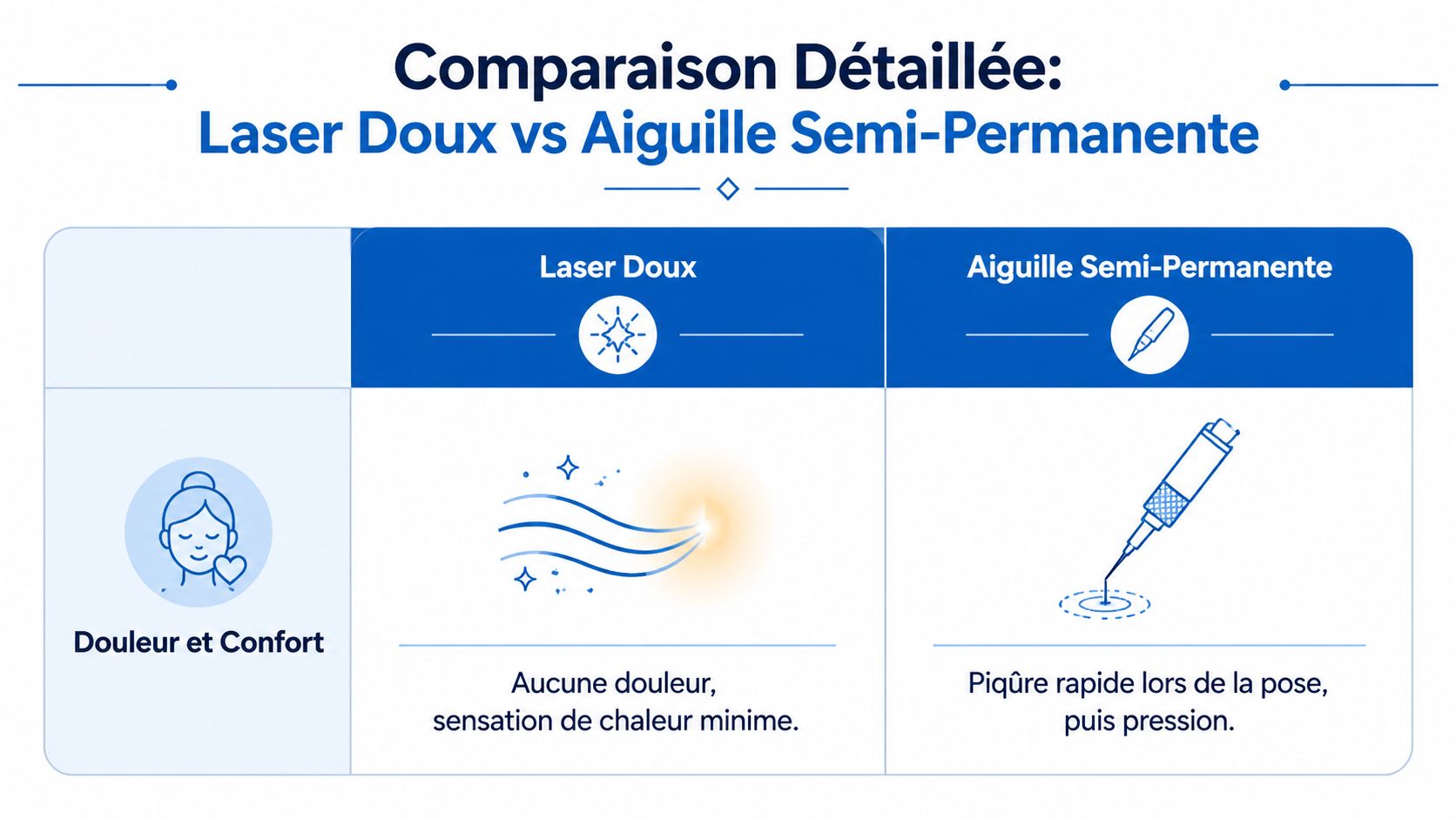 Laser ou aiguille semi-permanente, quoi choisir? 5 Tableau comparatif entre le laser doux et l'aiguille semi-permanente concernant le niveau de douleur et le confort.