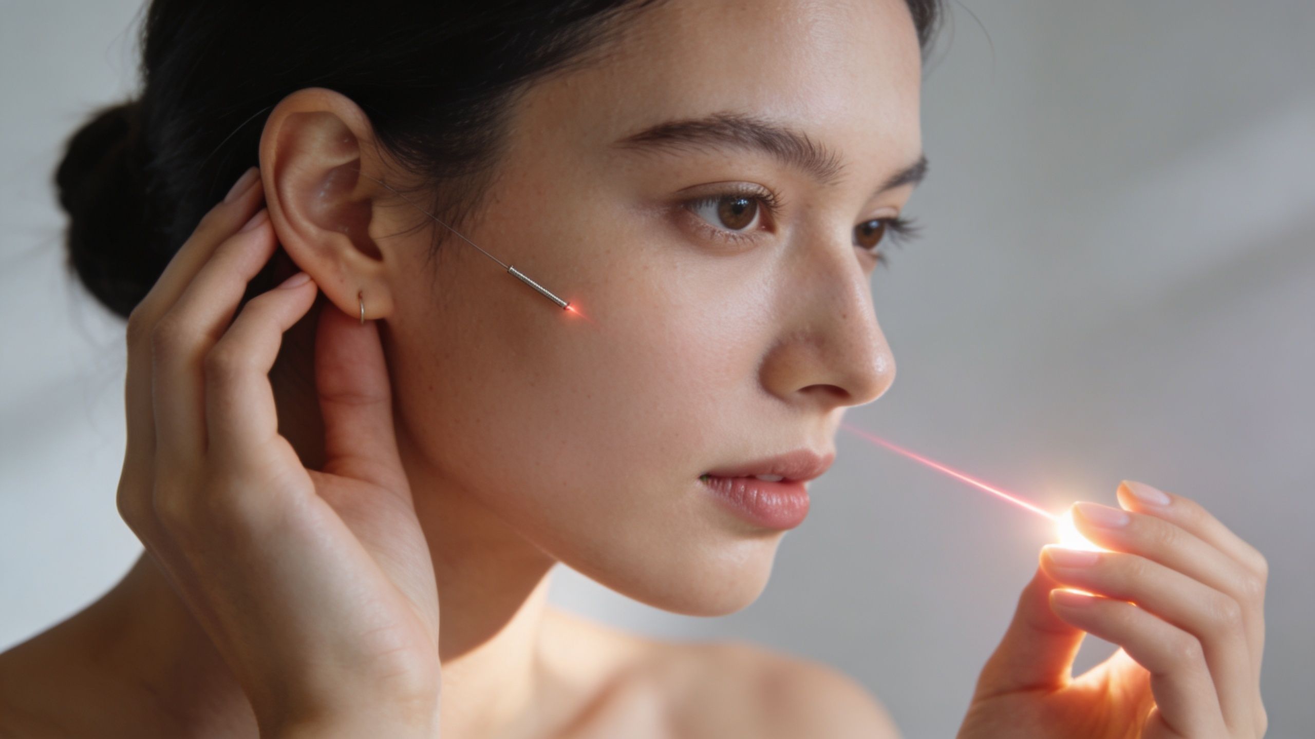 Laser ou aiguille semi-permanente, quoi choisir? 6 Une femme reçoit un soin esthétique combinant une fine aiguille sur le visage et une pointe laser rouge.