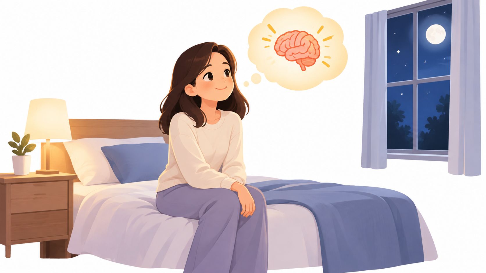 Une jeune femme assise sur son lit la nuit, pensant à son cerveau pendant une crise d'insomnie.