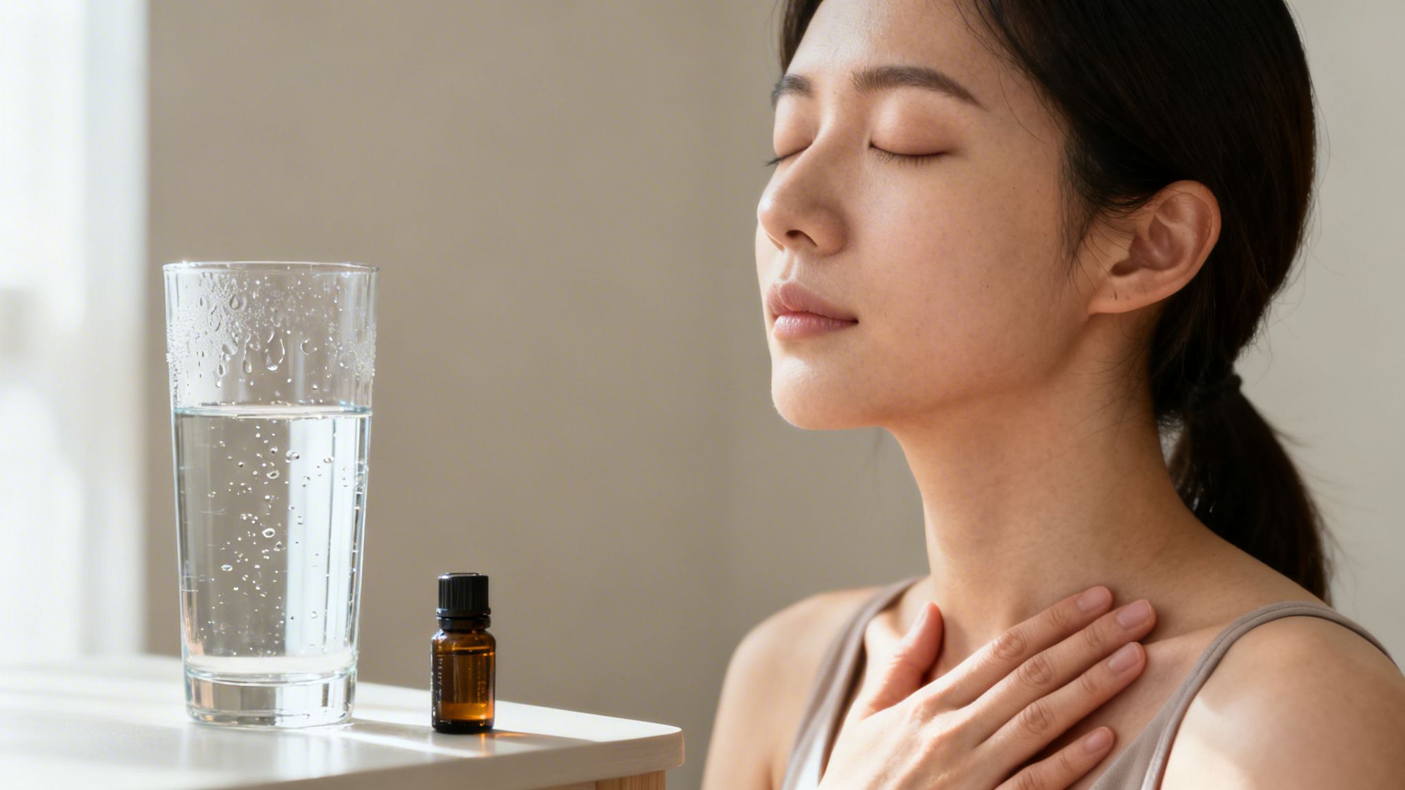 Une femme ferme les yeux en signe de relaxation, avec un verre d'eau et une bouteille d'huile essentielle sur la table.
