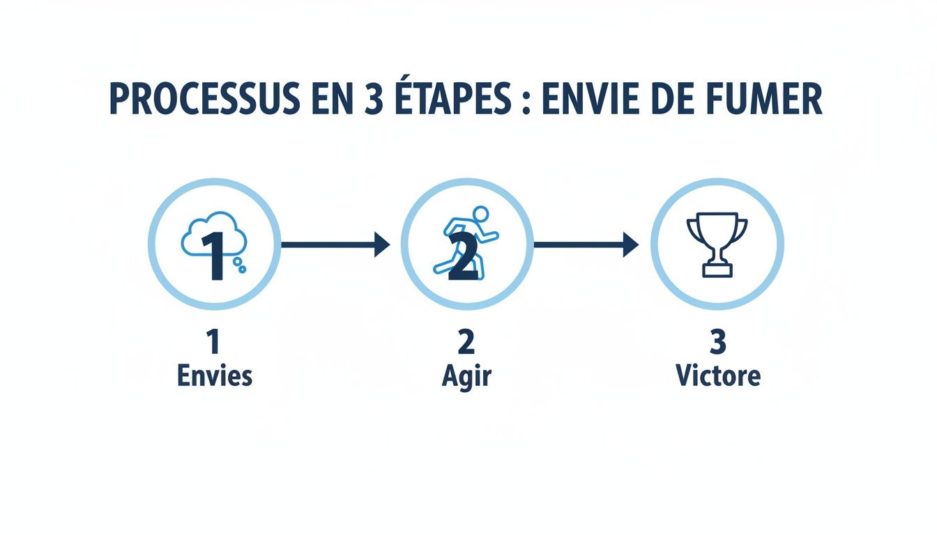 Description du processus en 3 étapes pour gérer l'envie de fumer : envies, agir, victoire.