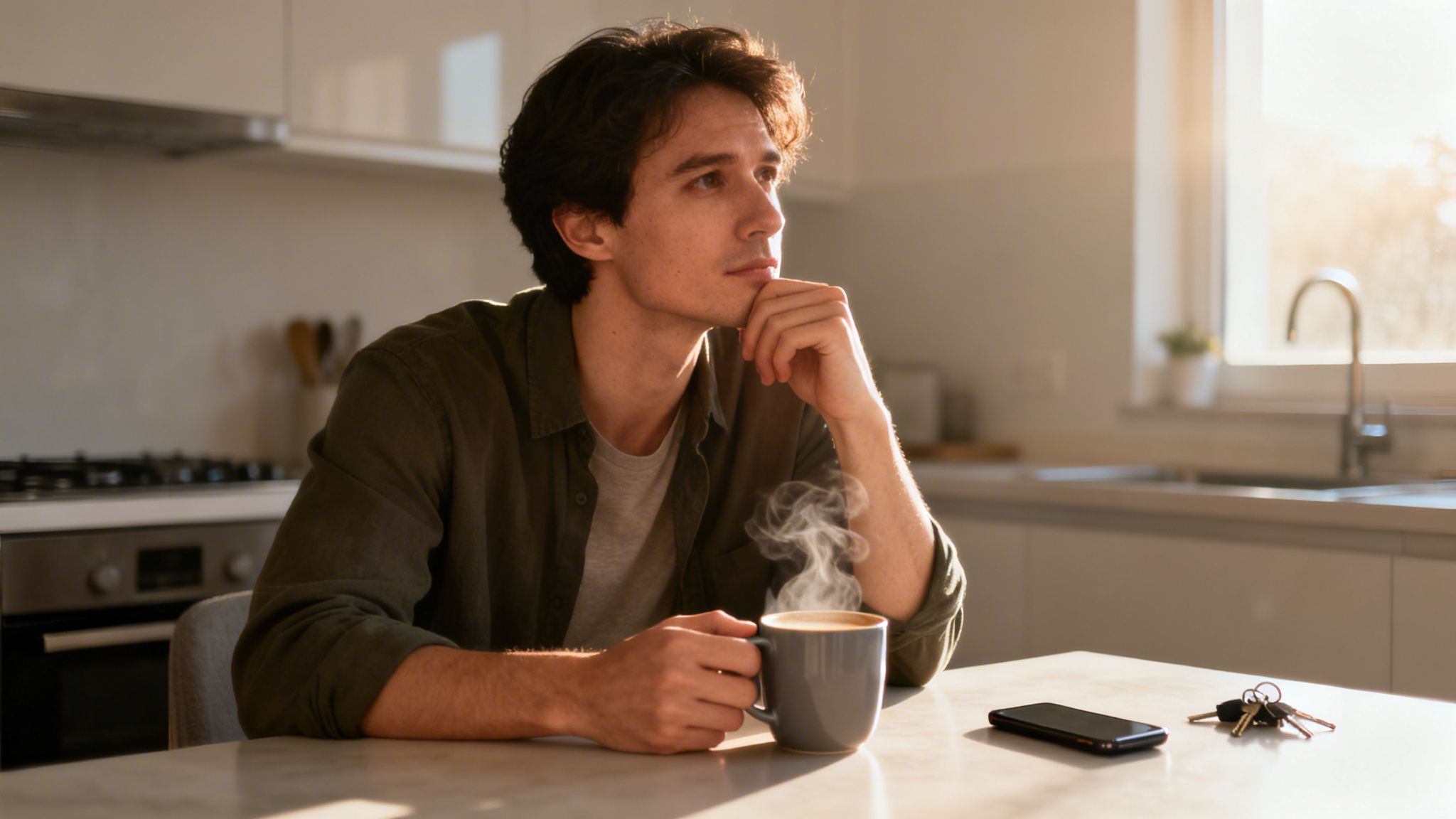 Un jeune homme pensif tient une tasse de café fumant dans une cuisine baignée de lumière.