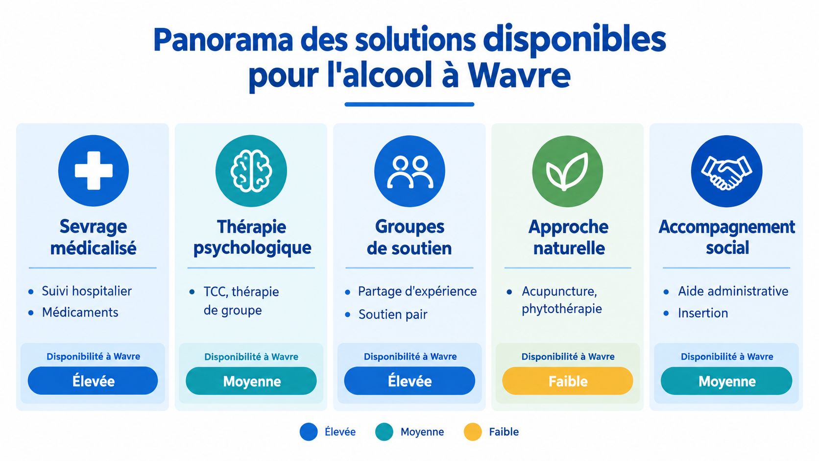 Un graphique illustrant les diverses options de soutien pour lutter contre l'alcoolisme disponibles dans la ville de Wavre.