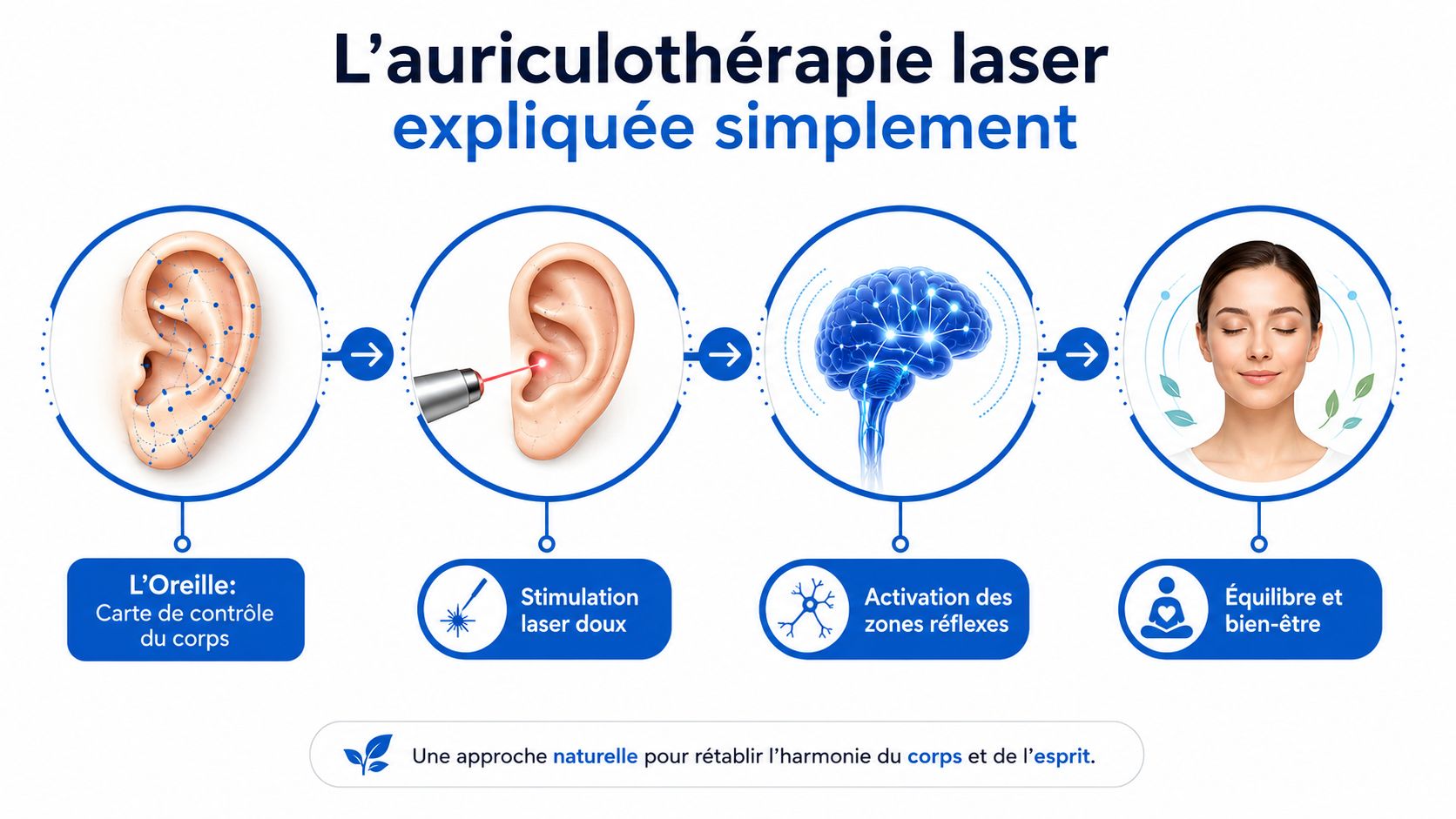 Schéma explicatif en quatre étapes illustrant le fonctionnement de l'auriculothérapie laser pour le bien-être.