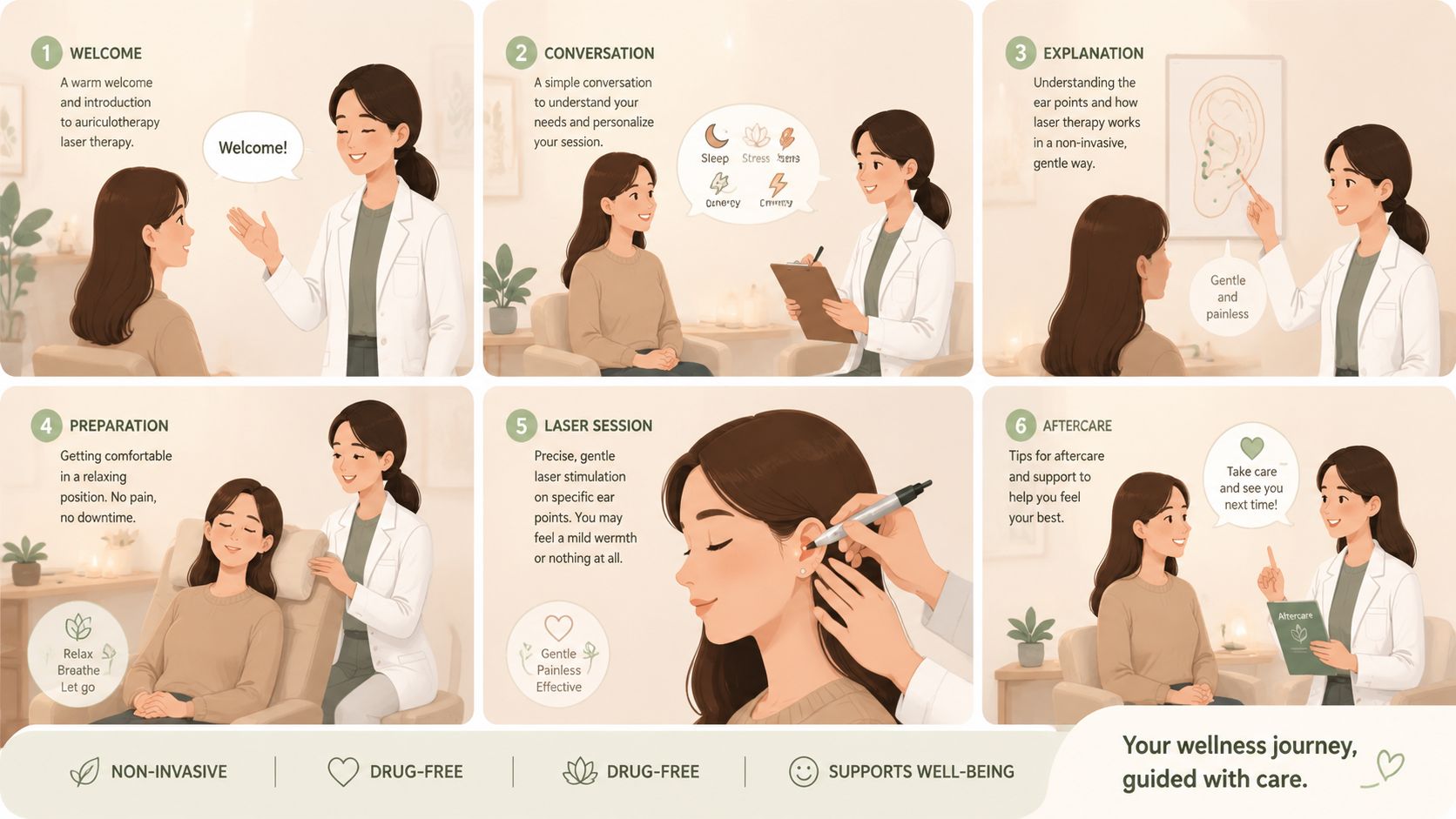 Infographie illustrant les six étapes du processus de traitement par auriculothérapie laser en clinique de bien-être.