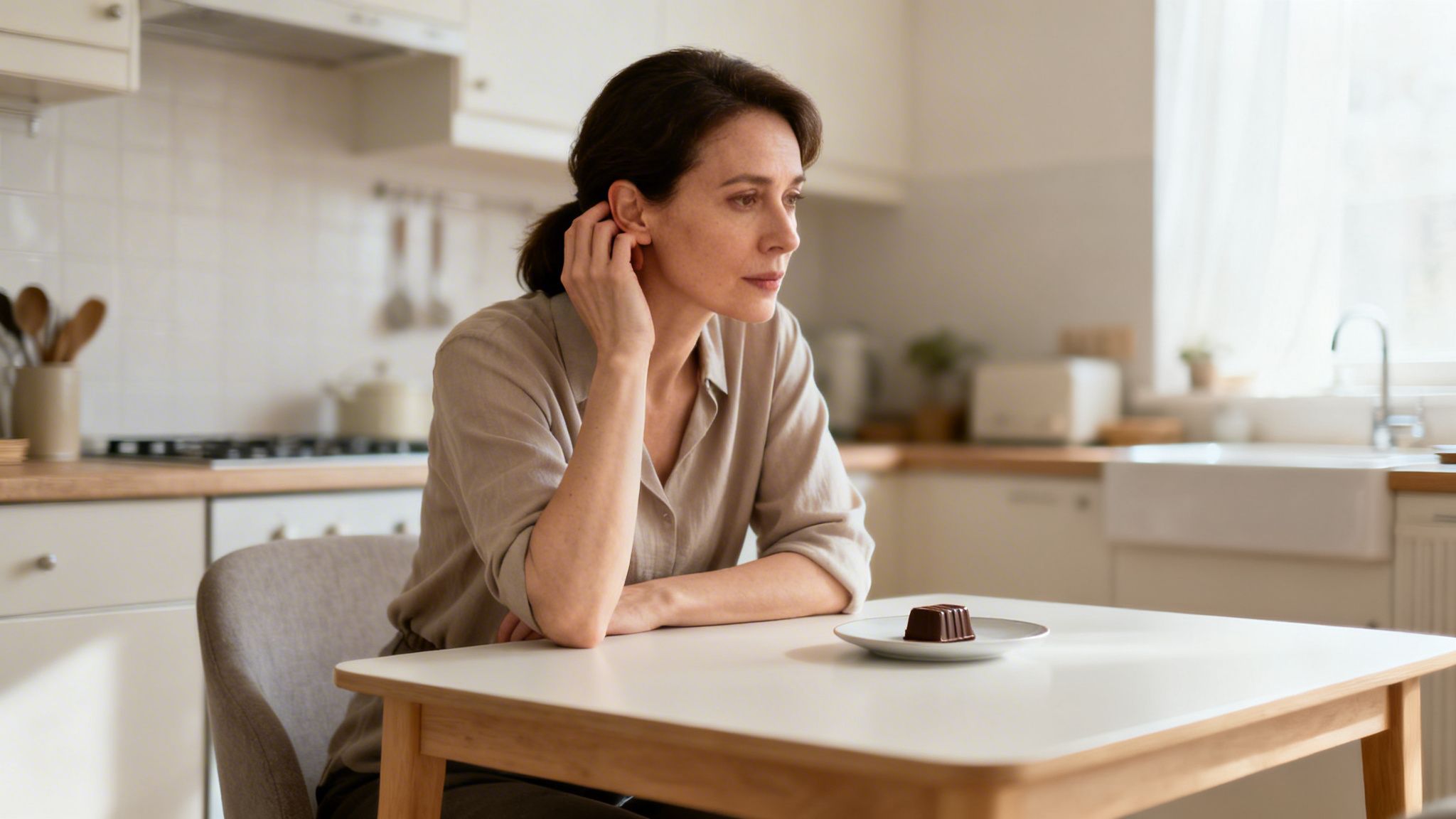 Une femme pensive est assise à une table de cuisine avec un morceau de chocolat, l'air triste.