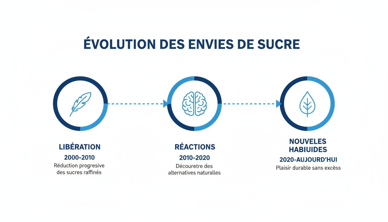 Infographie illustrant l'évolution des envies de sucre de 2000 à aujourd'hui, vers des habitudes plus saines.