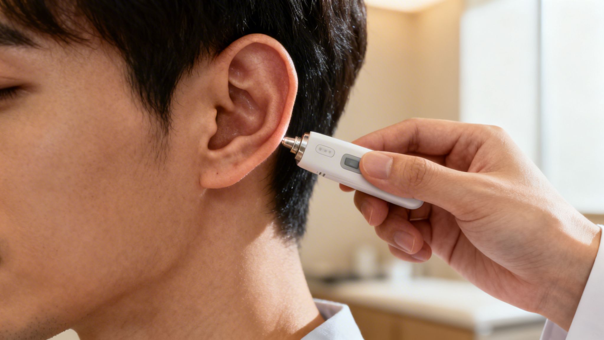 Une personne reçoit un traitement d'auriculothérapie à l'oreille avec un petit appareil blanc.