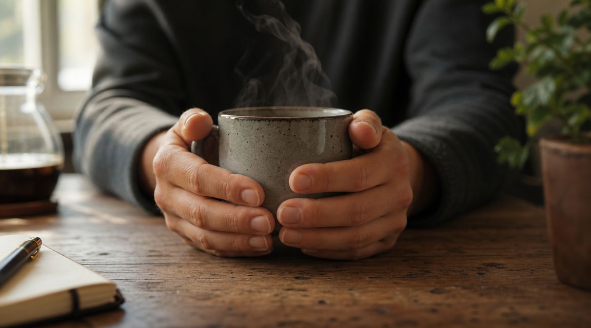 Une personne tient une tasse de café fumante entre ses mains sur une table en bois rustique.