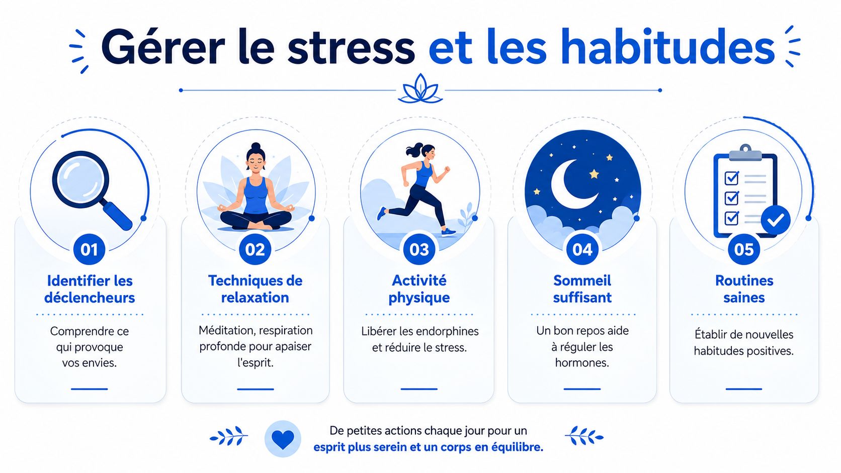 Une infographie sur la gestion du stress et des habitudes avec cinq conseils pour un esprit équilibré.