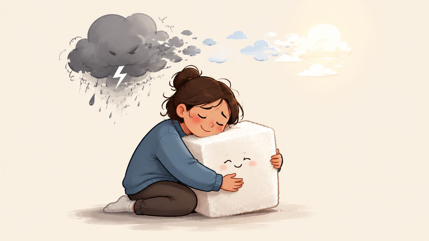 Une jeune fille serre un cube de sucre avec un visage heureux, symbolisant l'attachement émotionnel au sucre.