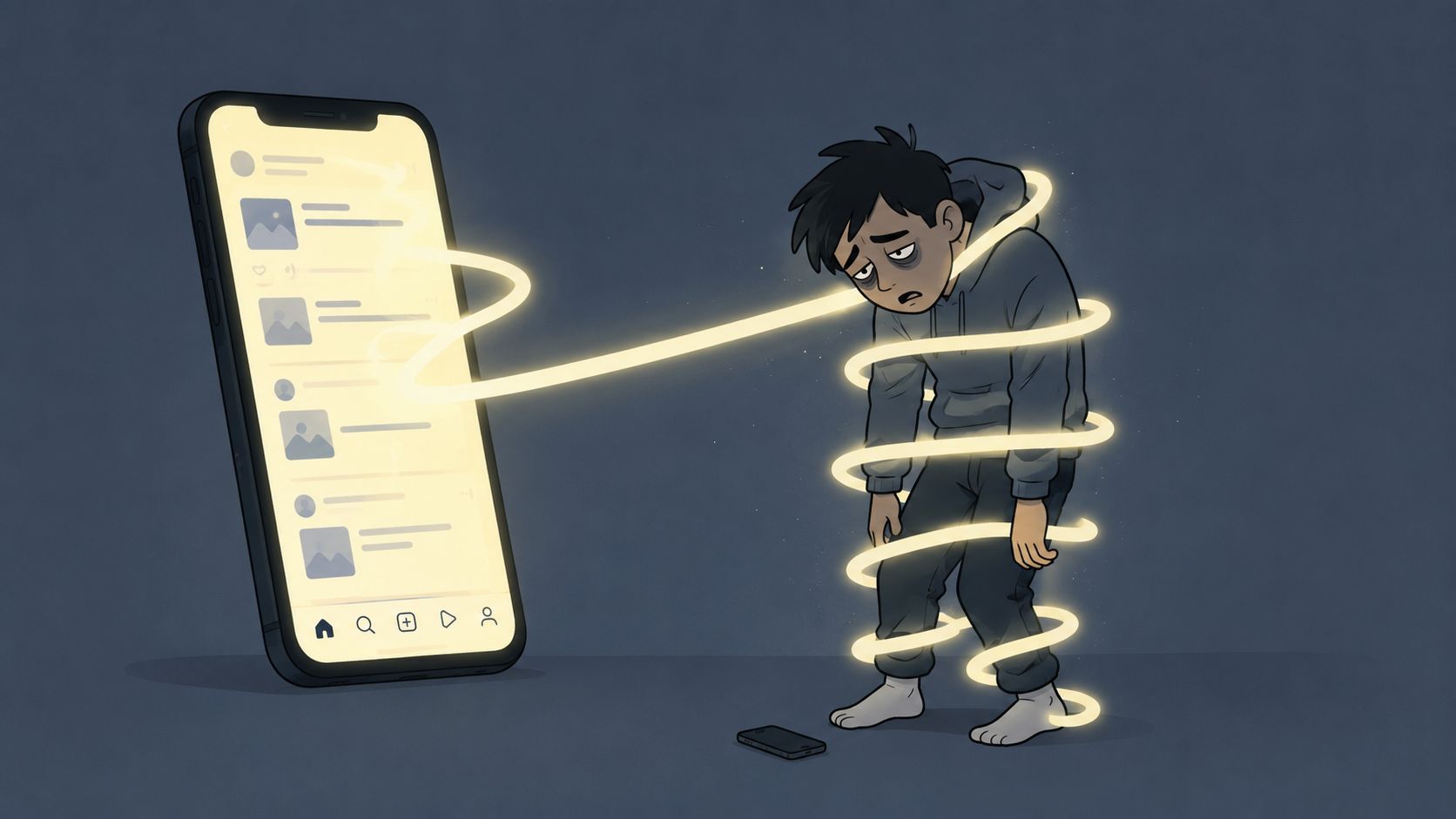 Pourquoi vous êtes accro à votre smartphone (et comment en sortir) 1 Une illustration montrant un jeune homme épuisé physiquement attaché par un faisceau lumineux émanant d'un smartphone géant.