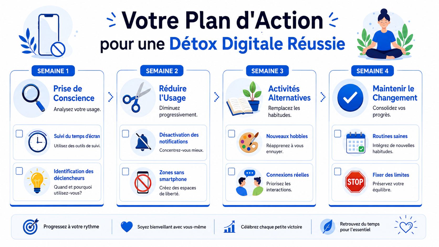Pourquoi vous êtes accro à votre smartphone (et comment en sortir) 3 Une infographie détaillée présentant un plan d'action de quatre semaines pour réussir une détox digitale efficace.