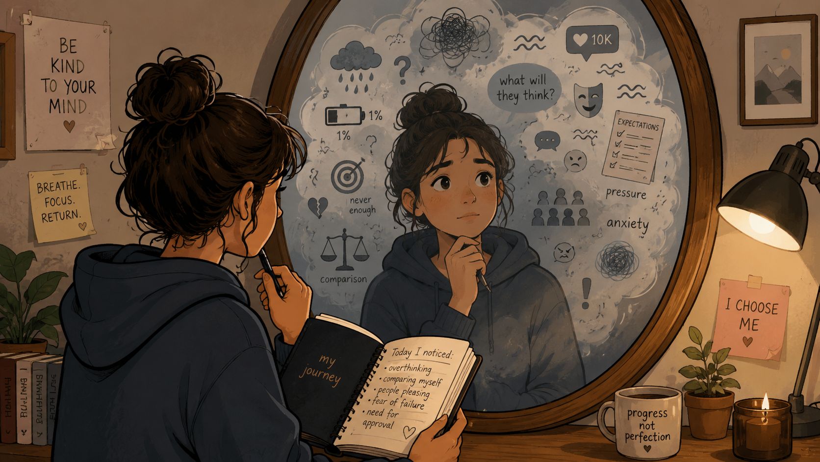 Une jeune femme regarde son reflet dans un miroir entouré de pensées anxieuses et de notes personnelles.