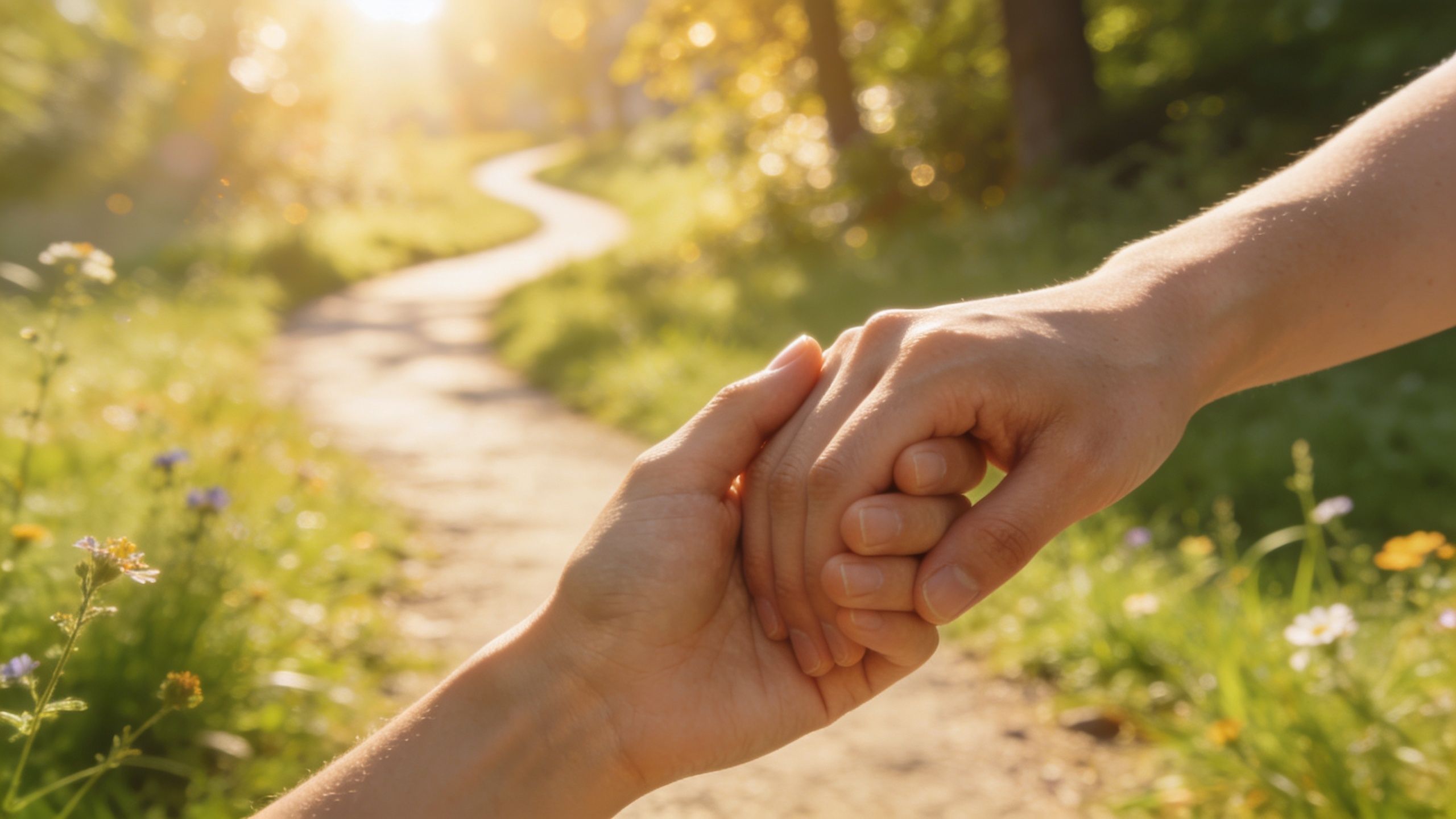 Deux personnes se tiennent la main sur un chemin ensoleillé entouré de fleurs et de nature.